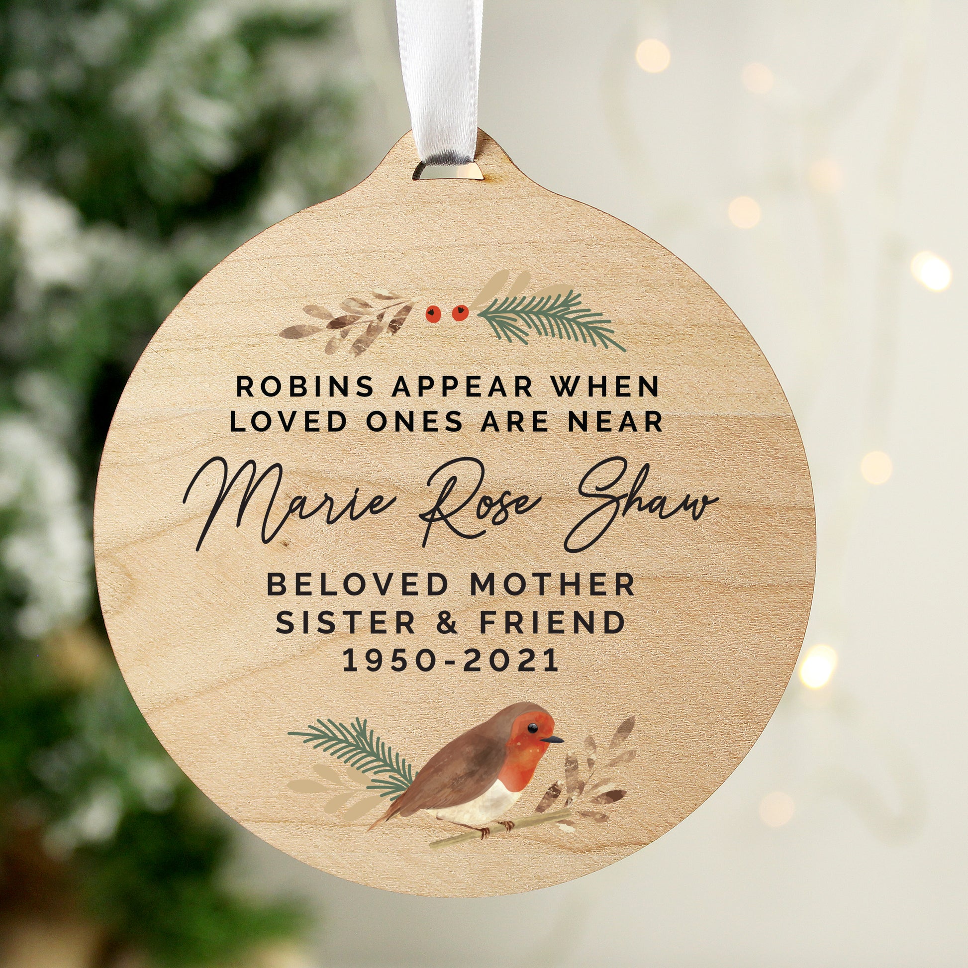 Personalised Robin Memorial Round Wooden Decoration - MK&JD Gifts