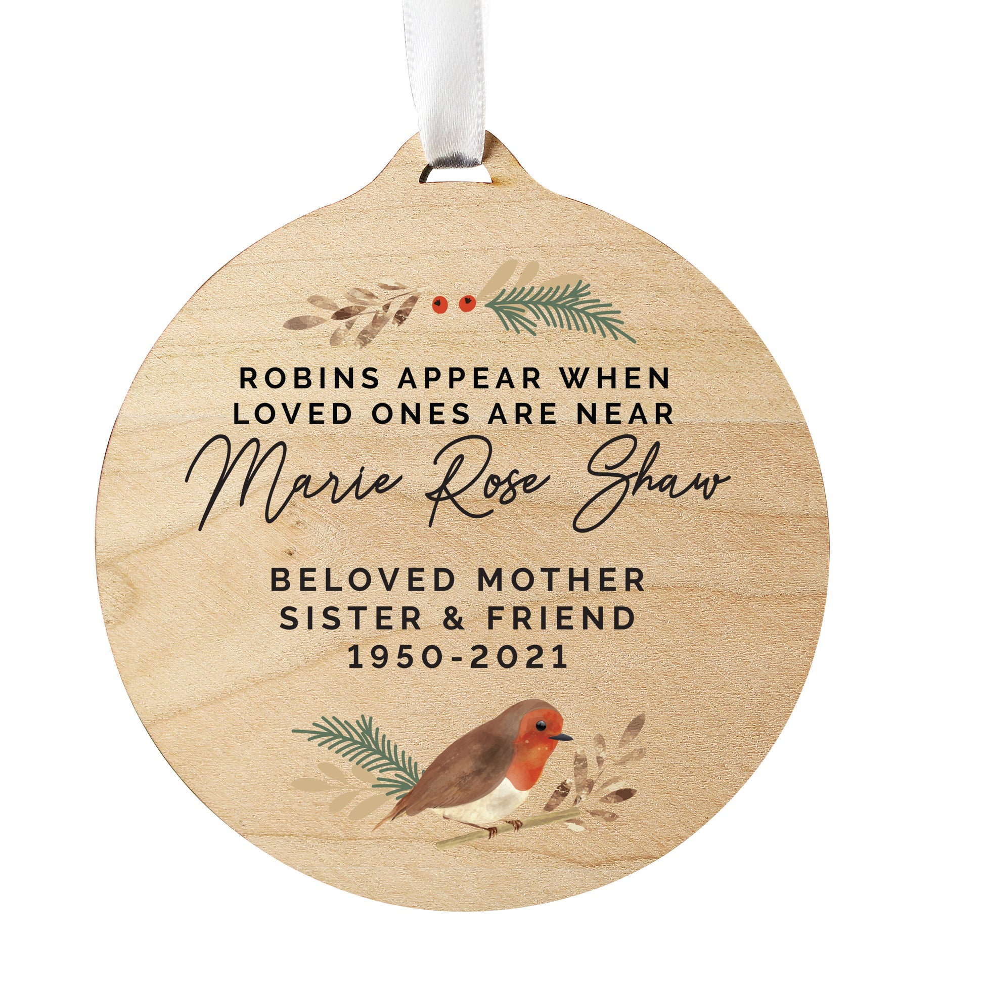 Personalised Robin Memorial Round Wooden Decoration - MK&JD Gifts