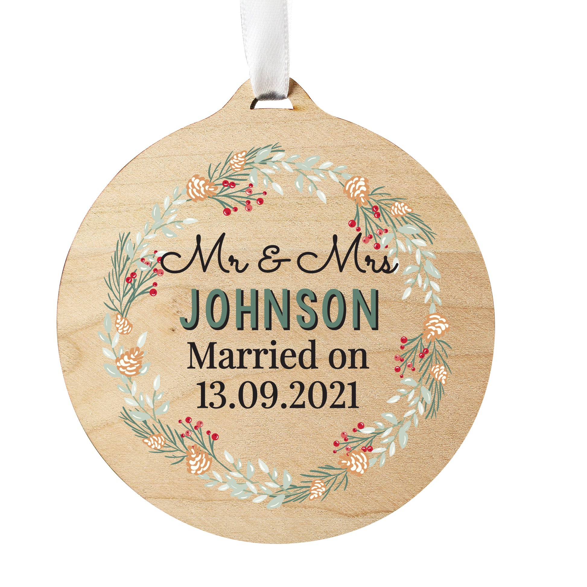 Personalised Wreath Round Wooden Decoration - MK&JD Gifts