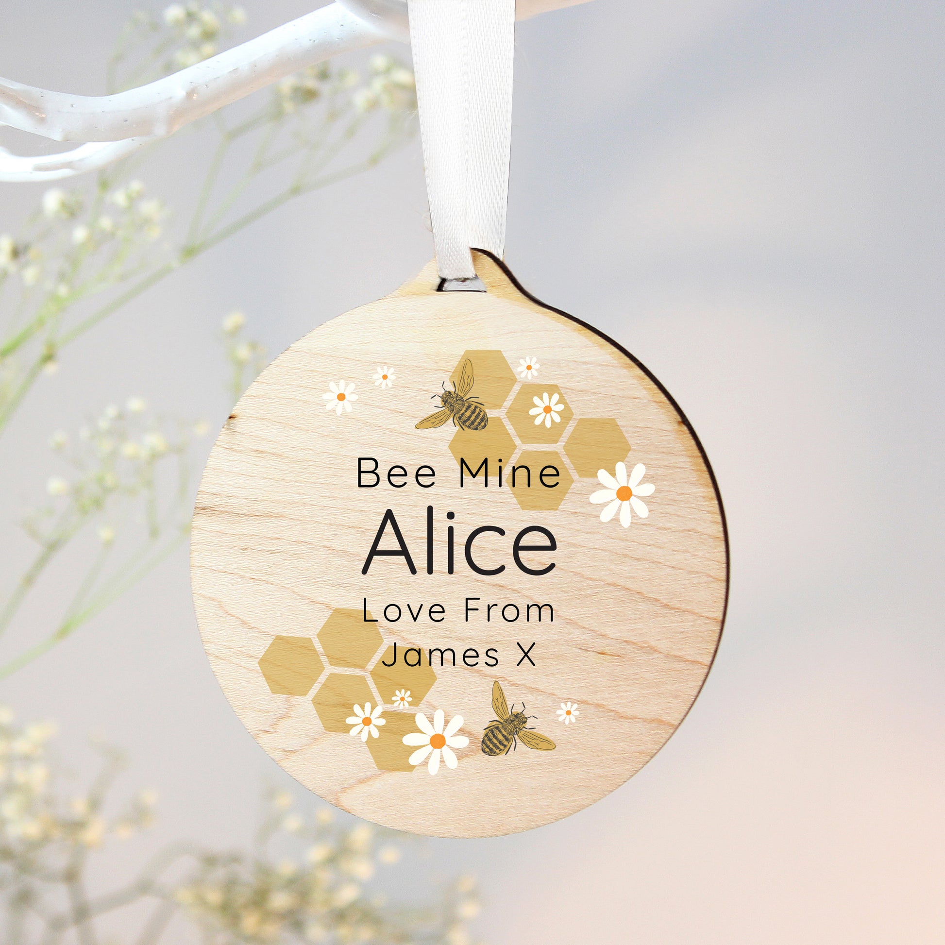 Personalised Bee Round Wooden Decoration - MK&JD Gifts