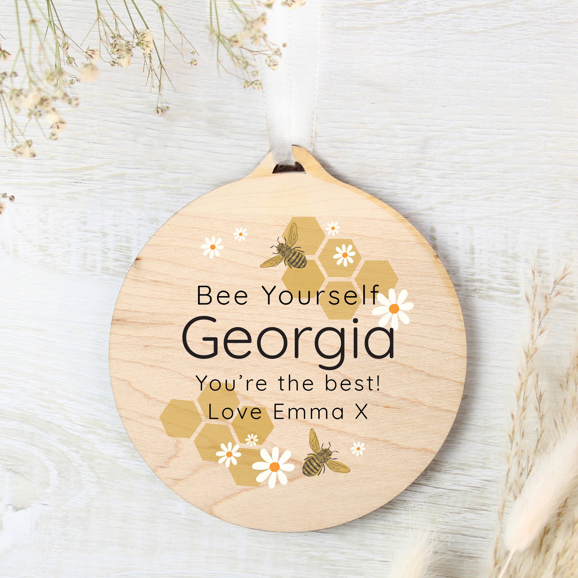 Personalised Bee Round Wooden Decoration - MK&JD Gifts