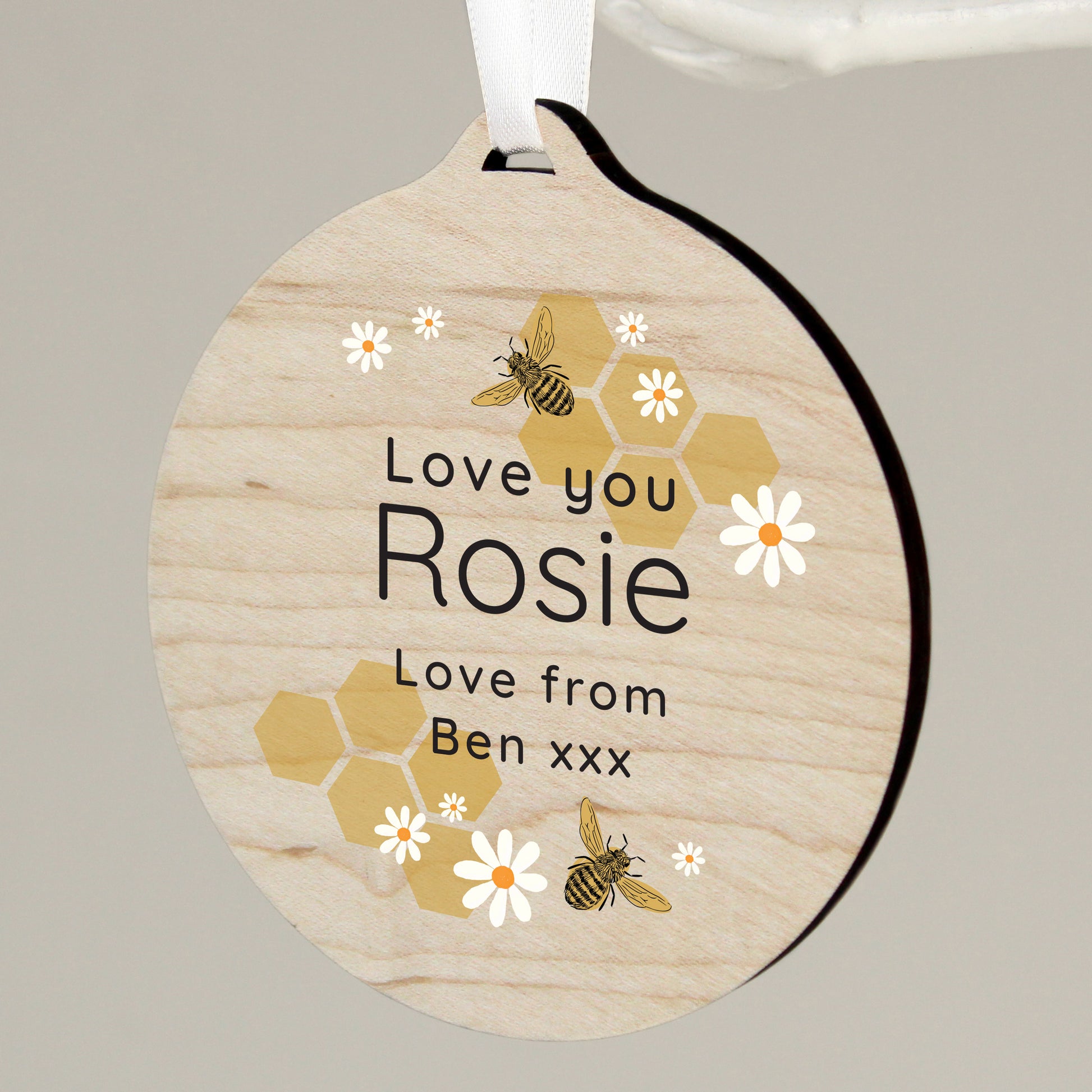 Personalised Bee Round Wooden Decoration - MK&JD Gifts