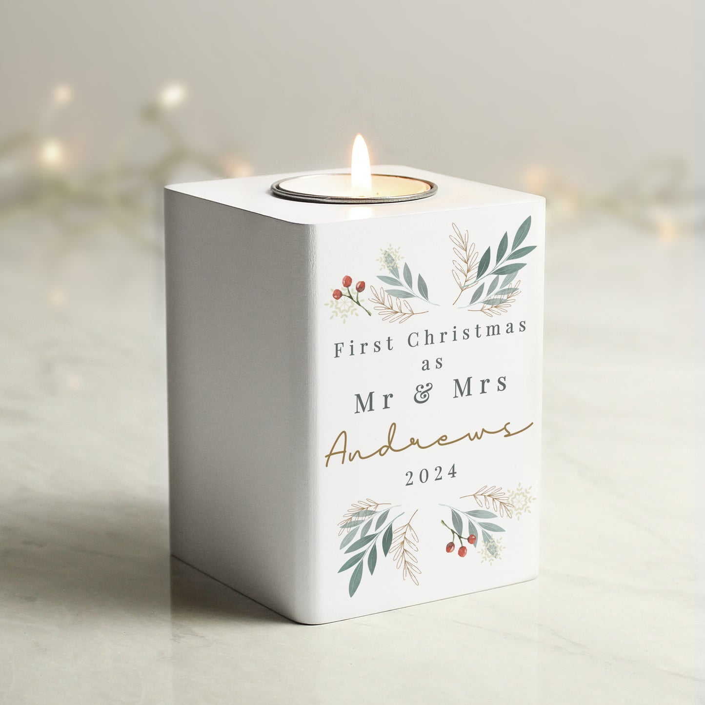 Personalised Christmas Foliage White Tealight Holder - MK&JD Gifts