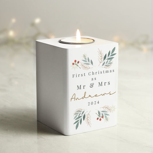 Personalised Christmas Foliage White Tealight Holder - MK&JD Gifts