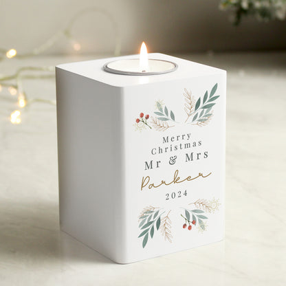 Personalised Christmas Foliage White Tealight Holder - MK&JD Gifts