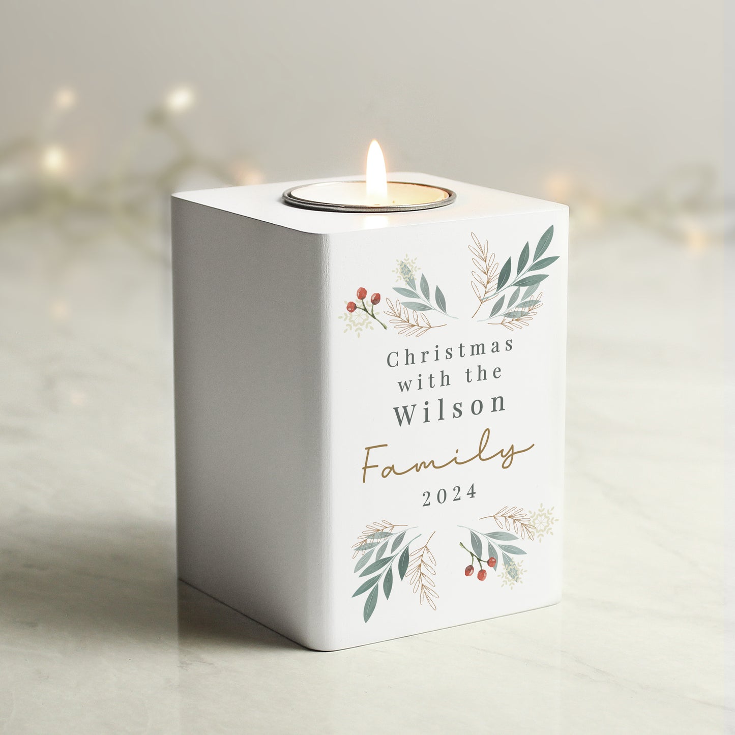 Personalised Christmas Foliage White Tealight Holder - MK&JD Gifts