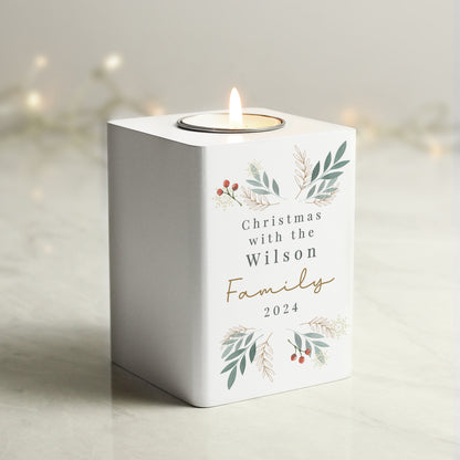 Personalised Christmas Foliage White Tealight Holder - MK&JD Gifts