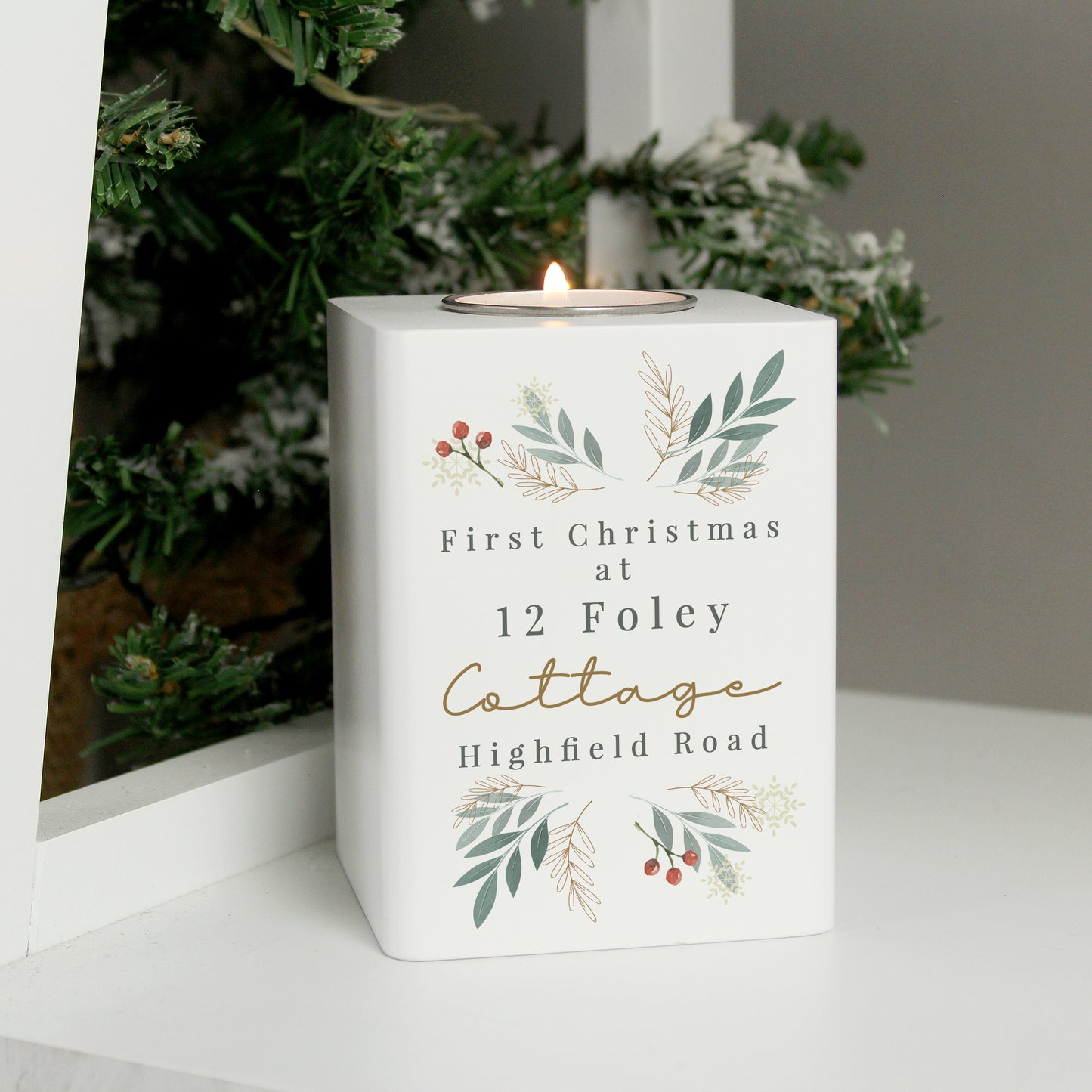 Personalised Christmas Foliage White Tealight Holder - MK&JD Gifts