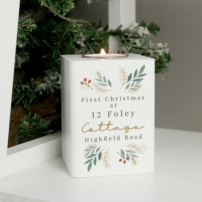 Personalised Christmas Foliage White Tealight Holder - MK&JD Gifts