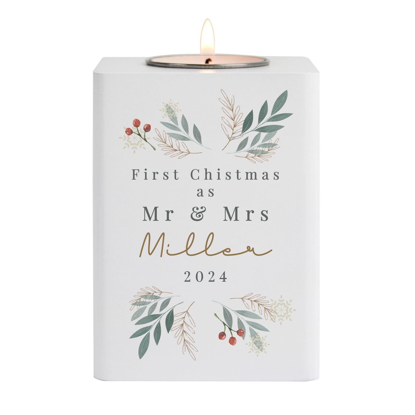 Personalised Christmas Foliage White Tealight Holder - MK&JD Gifts