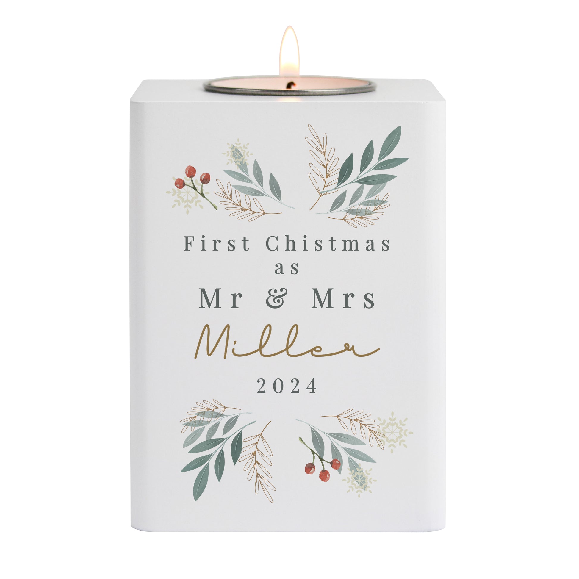 Personalised Christmas Foliage White Tealight Holder - MK&JD Gifts