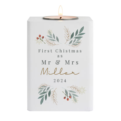 Personalised Christmas Foliage White Tealight Holder - MK&JD Gifts
