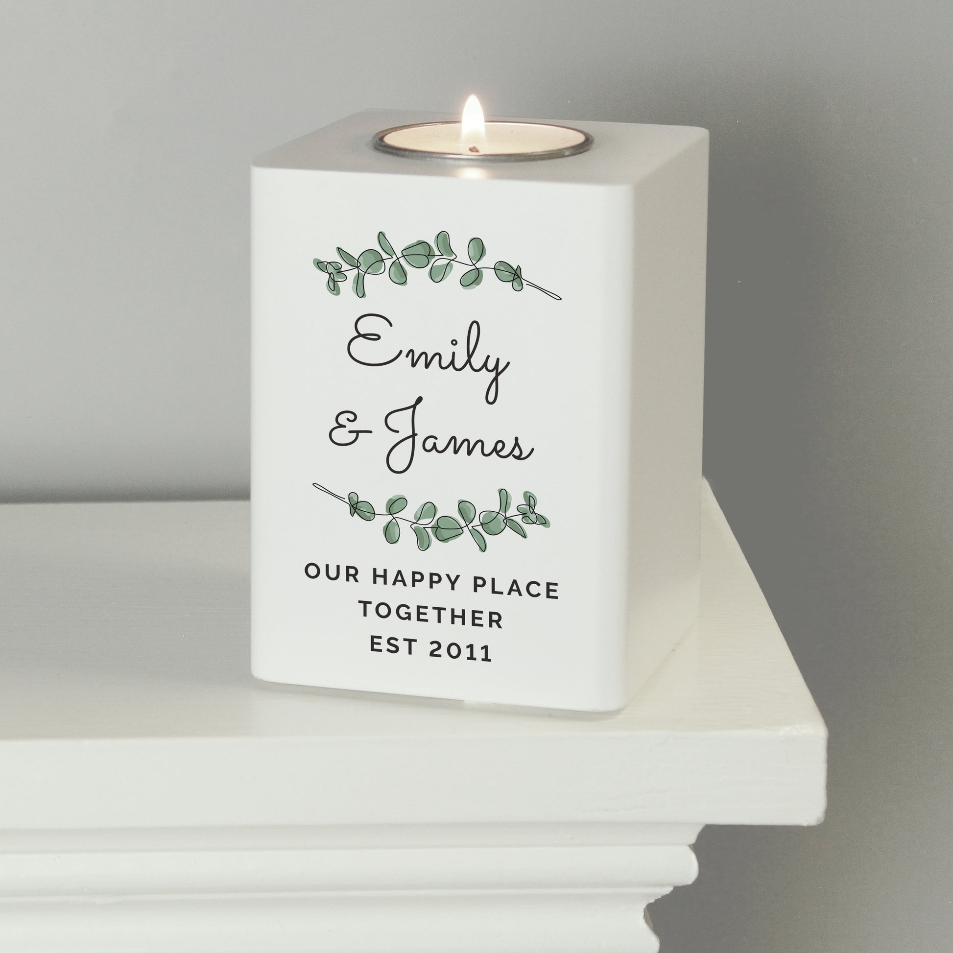 Personalised Botanical White Wooden Tea light Holder - MK&JD Gifts