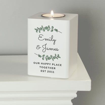 Personalised Botanical White Wooden Tea light Holder - MK&JD Gifts