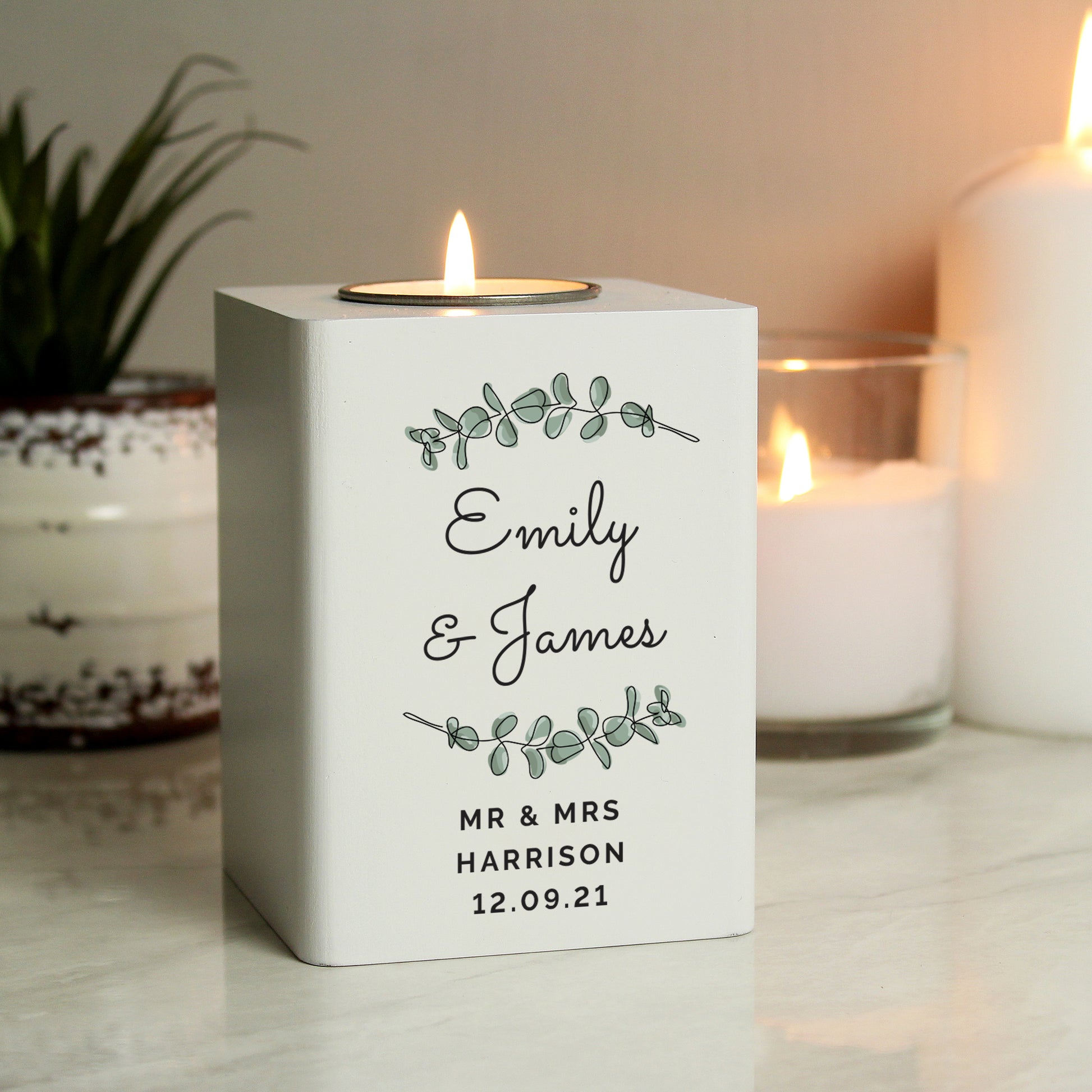 Personalised Botanical White Wooden Tea light Holder - MK&JD Gifts