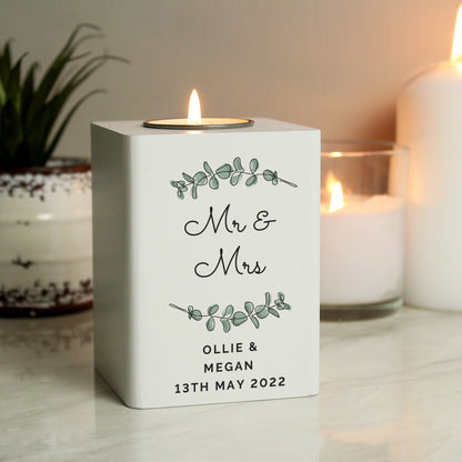 Personalised Botanical White Wooden Tea light Holder - MK&JD Gifts
