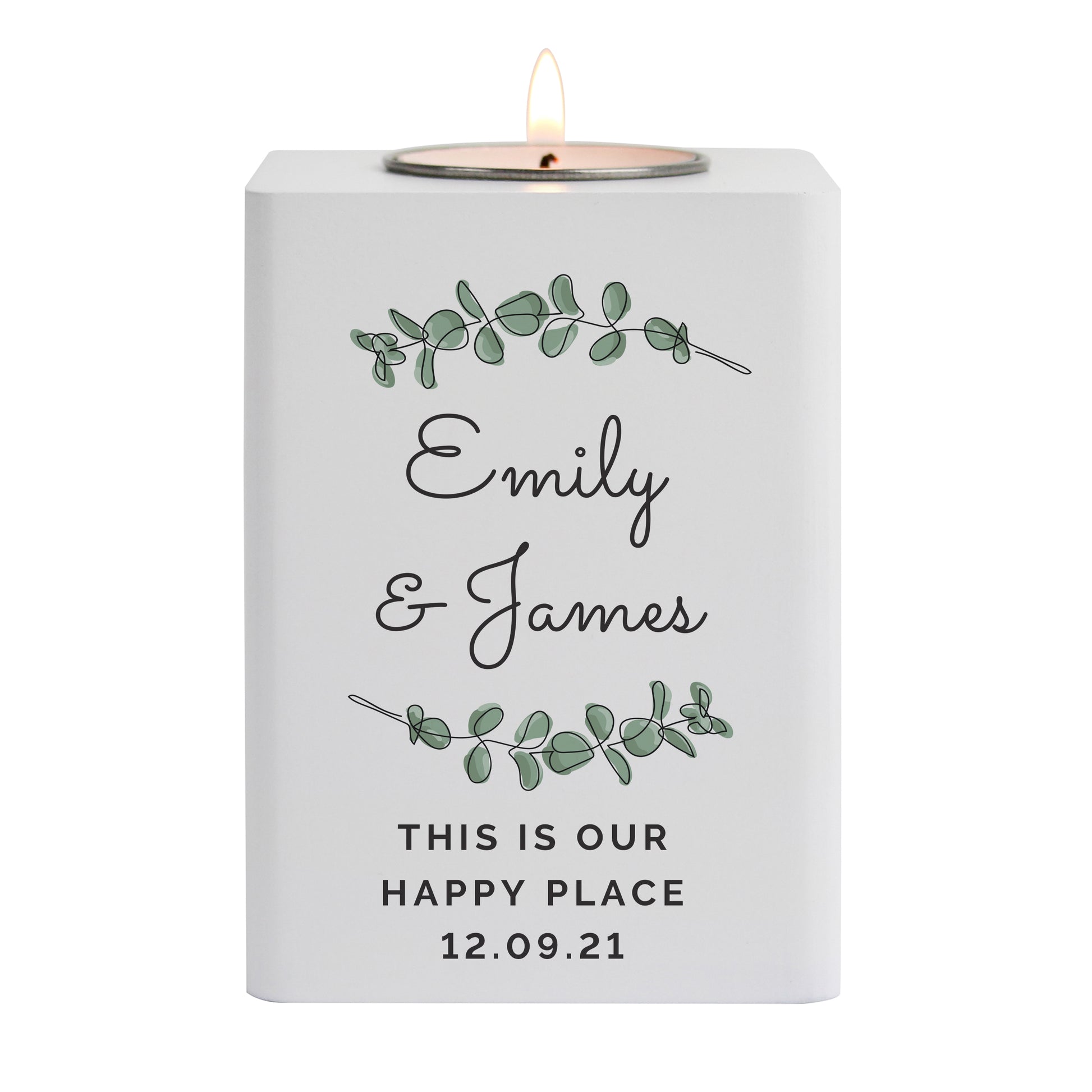 Personalised Botanical White Wooden Tea light Holder - MK&JD Gifts