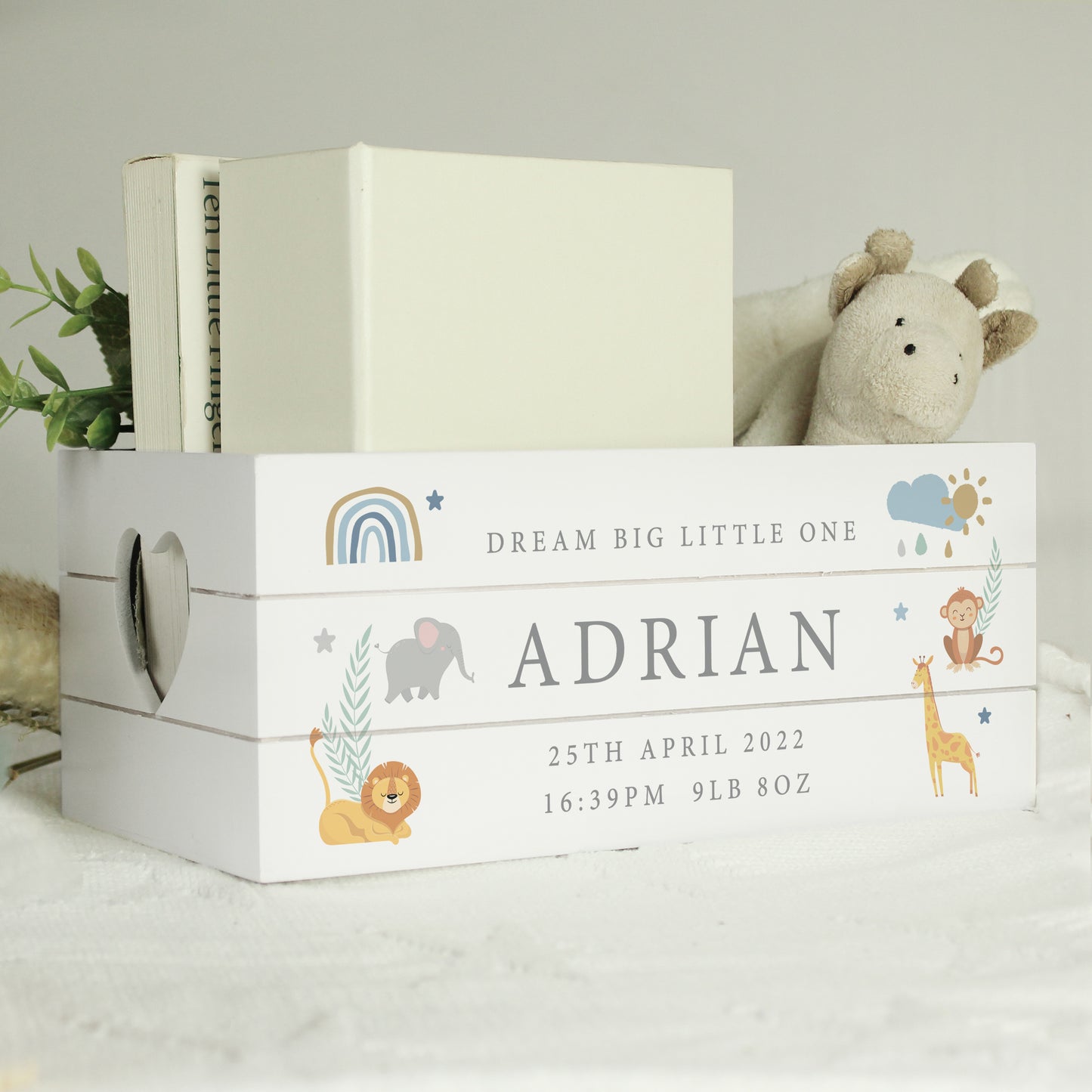 Personalised Safari Animals White Wooden Crate - MK&JD Gifts
