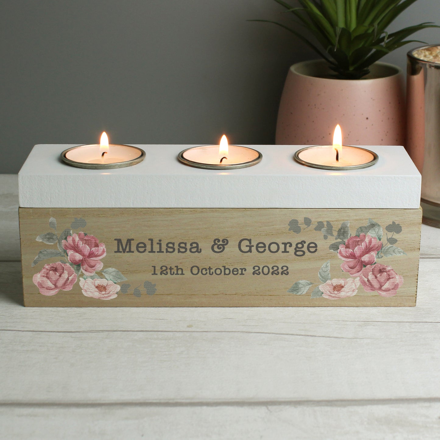 Personalised Floral Watercolour Triple Tealight Box - MK&JD Gifts