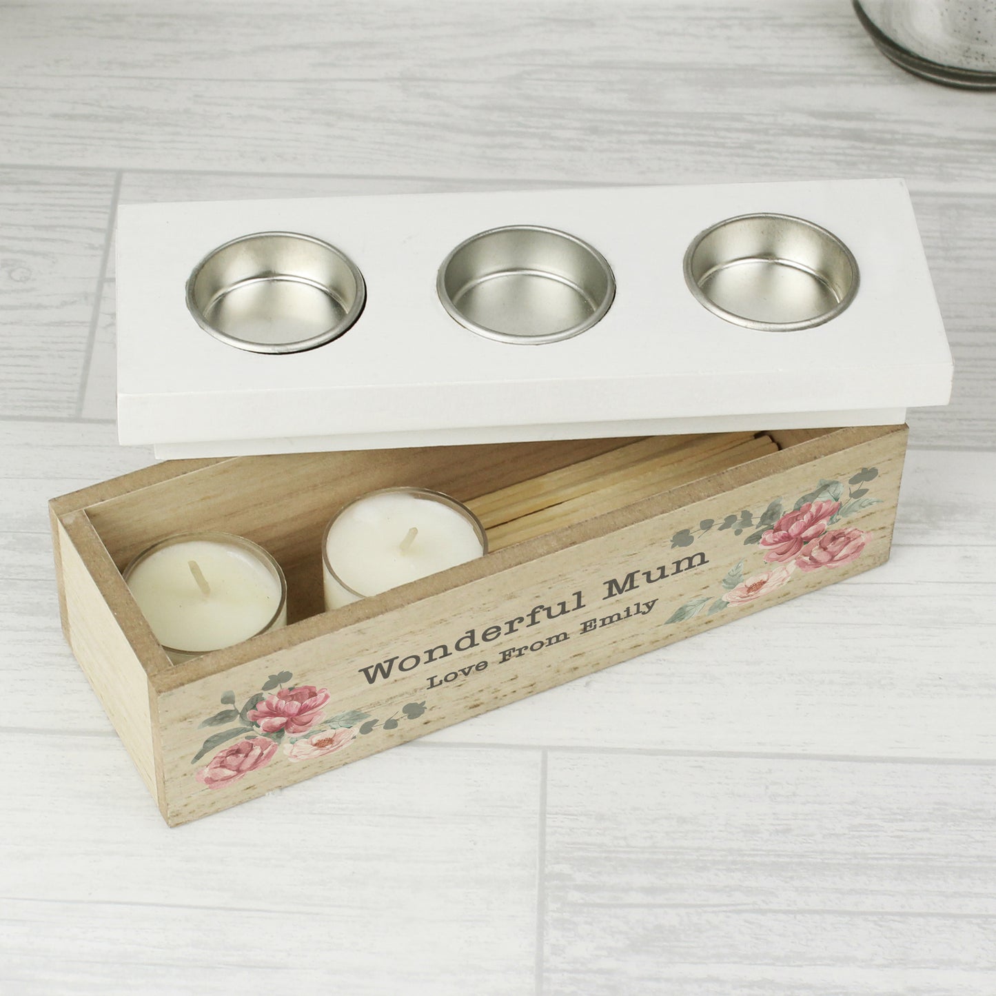 Personalised Floral Watercolour Triple Tealight Box - MK&JD Gifts