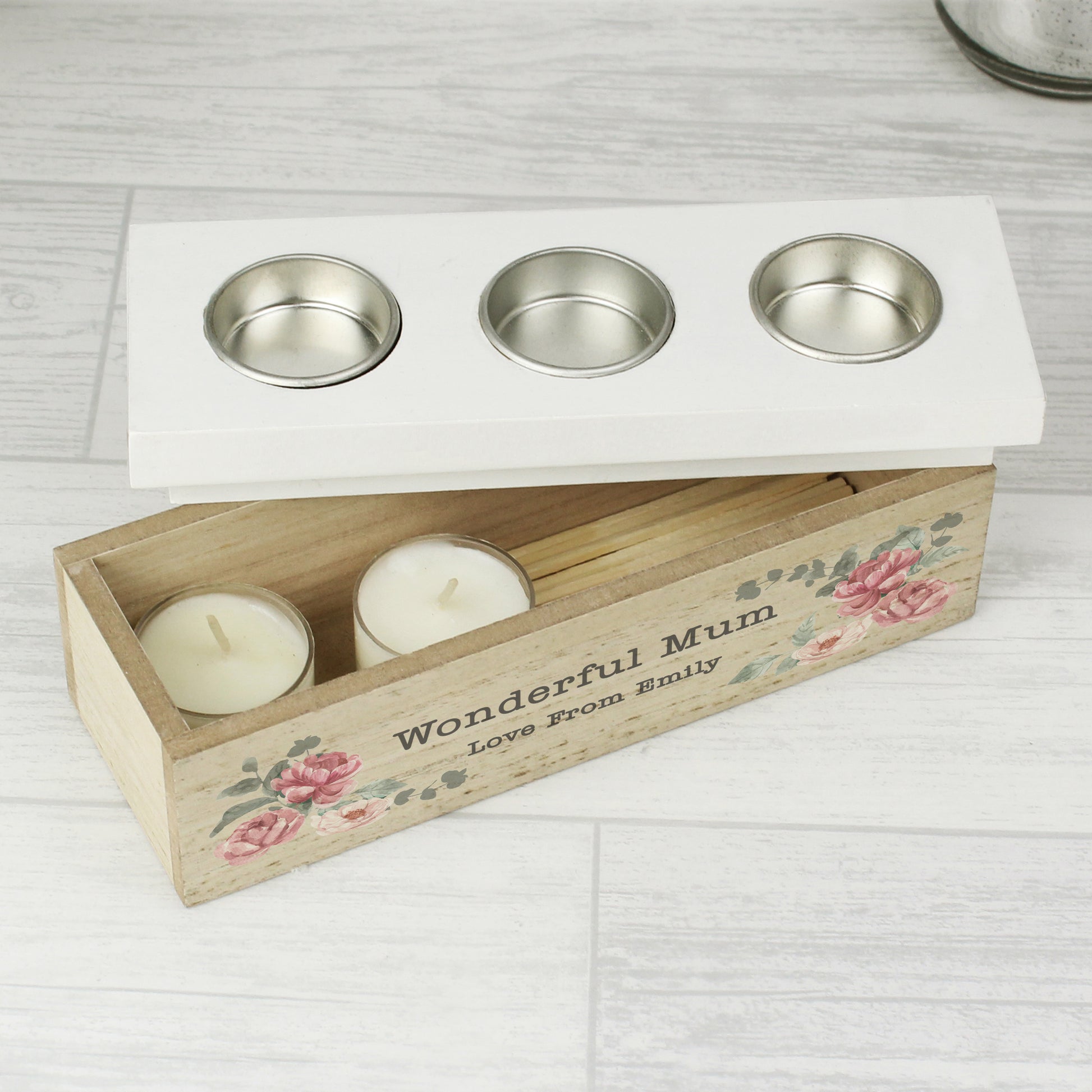 Personalised Floral Watercolour Triple Tealight Box - MK&JD Gifts
