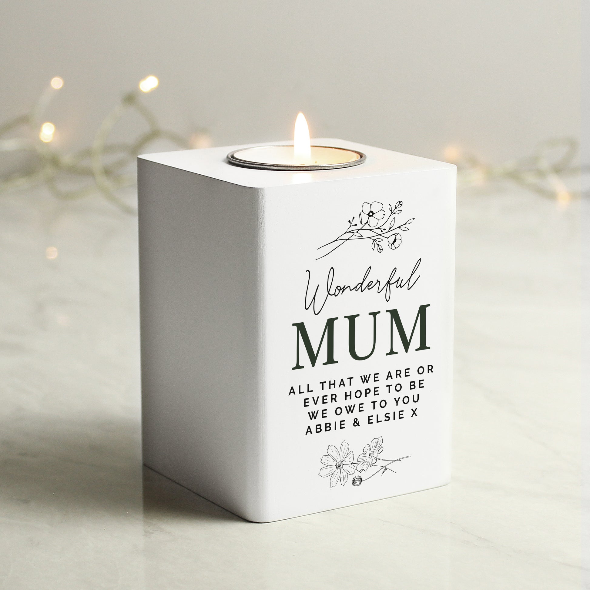 Personalised Floral White Wooden Tea light Holder - MK&JD Gifts