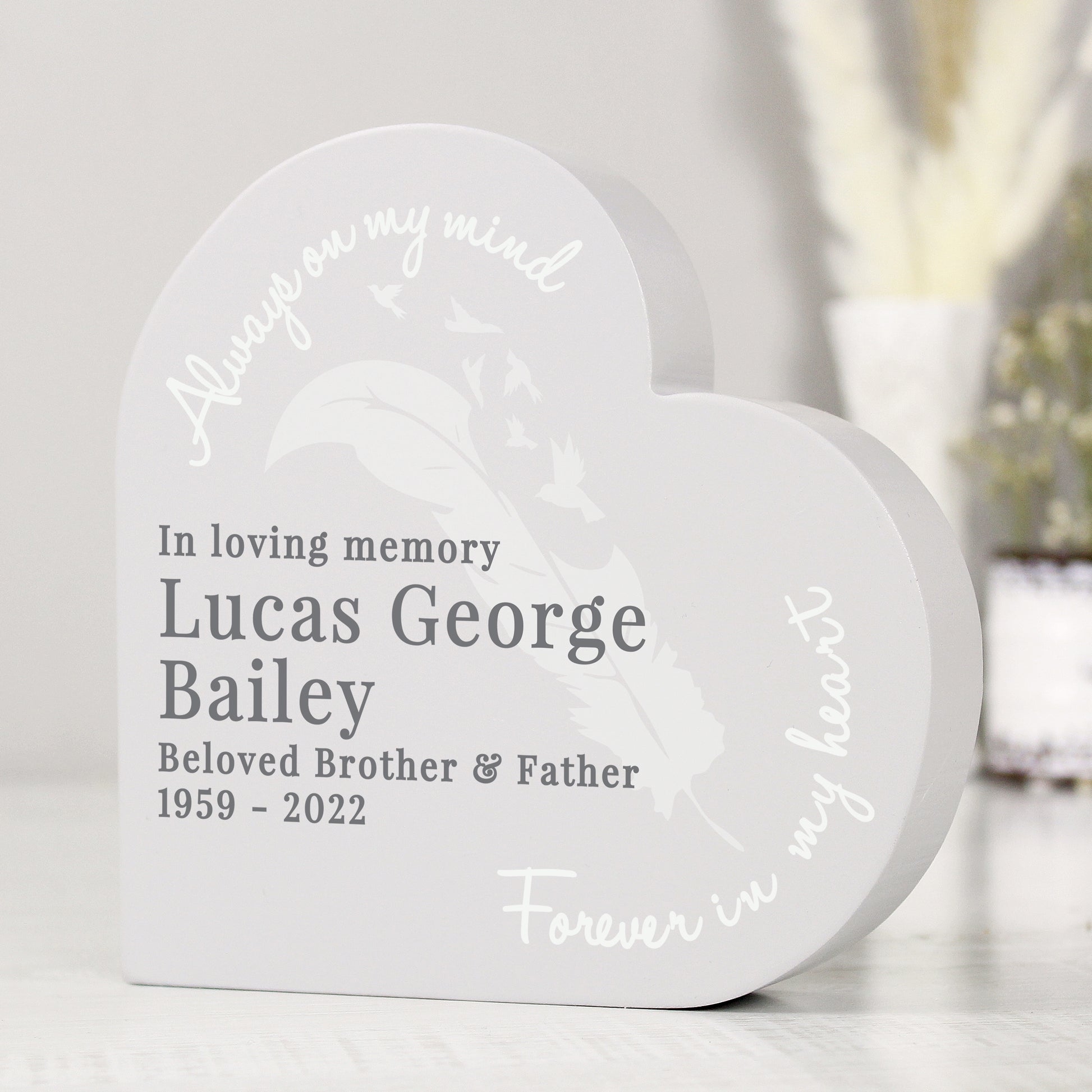 Personalised Feather Free Standing Heart Ornament - MK&JD Gifts