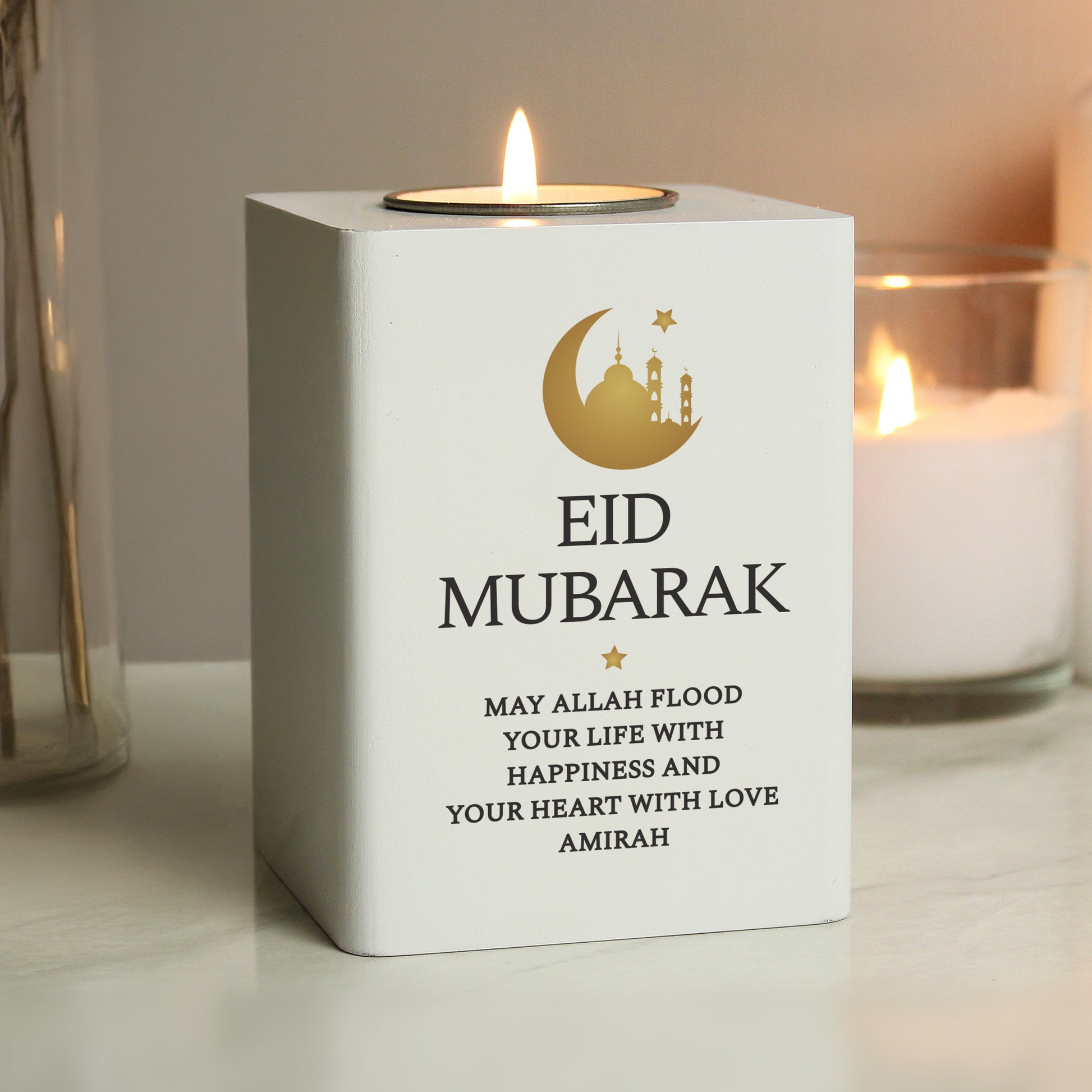 Personalised Eid and Ramadan White Wooden Tea light Holder - MK&JD Gifts