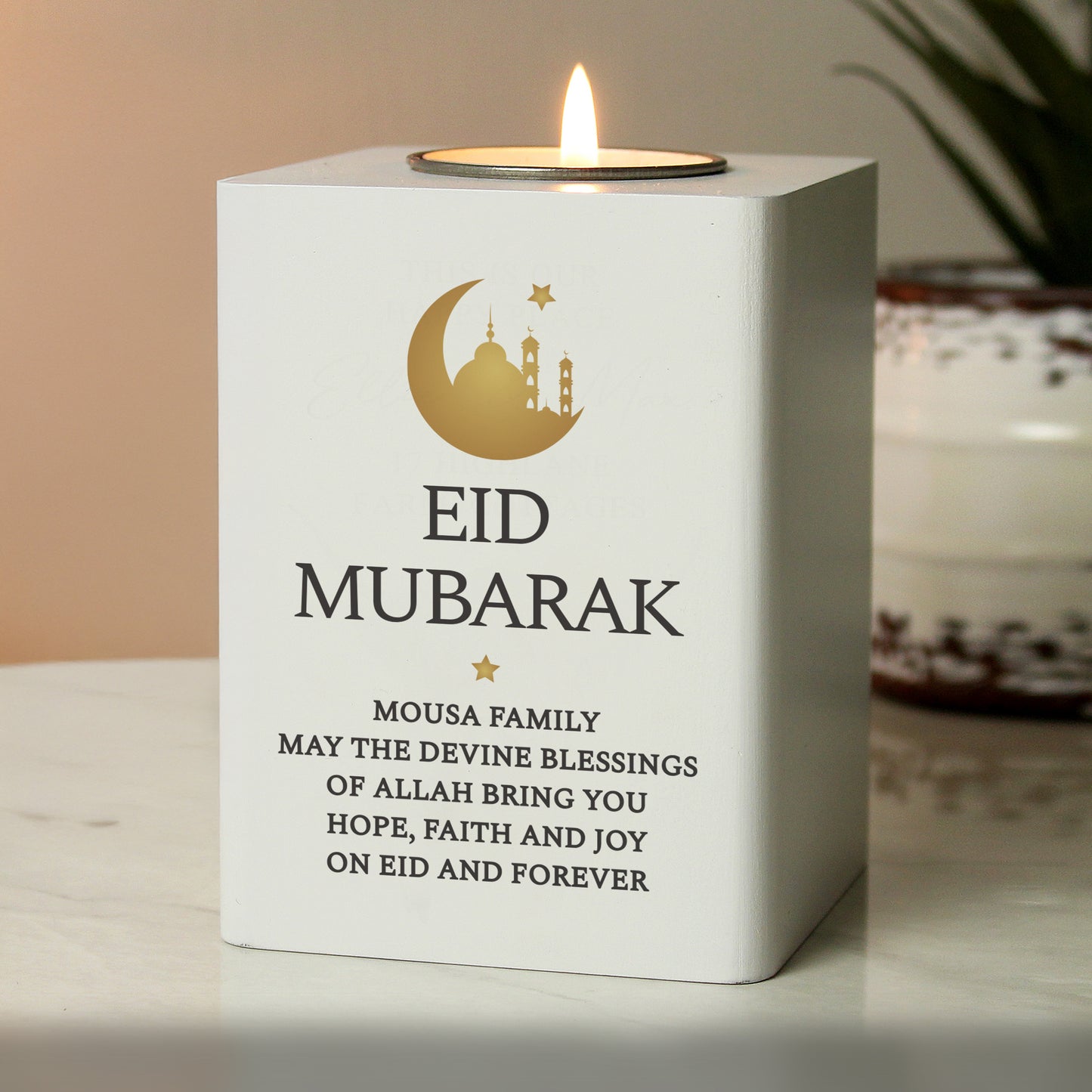 Personalised Eid and Ramadan White Wooden Tea light Holder - MK&JD Gifts