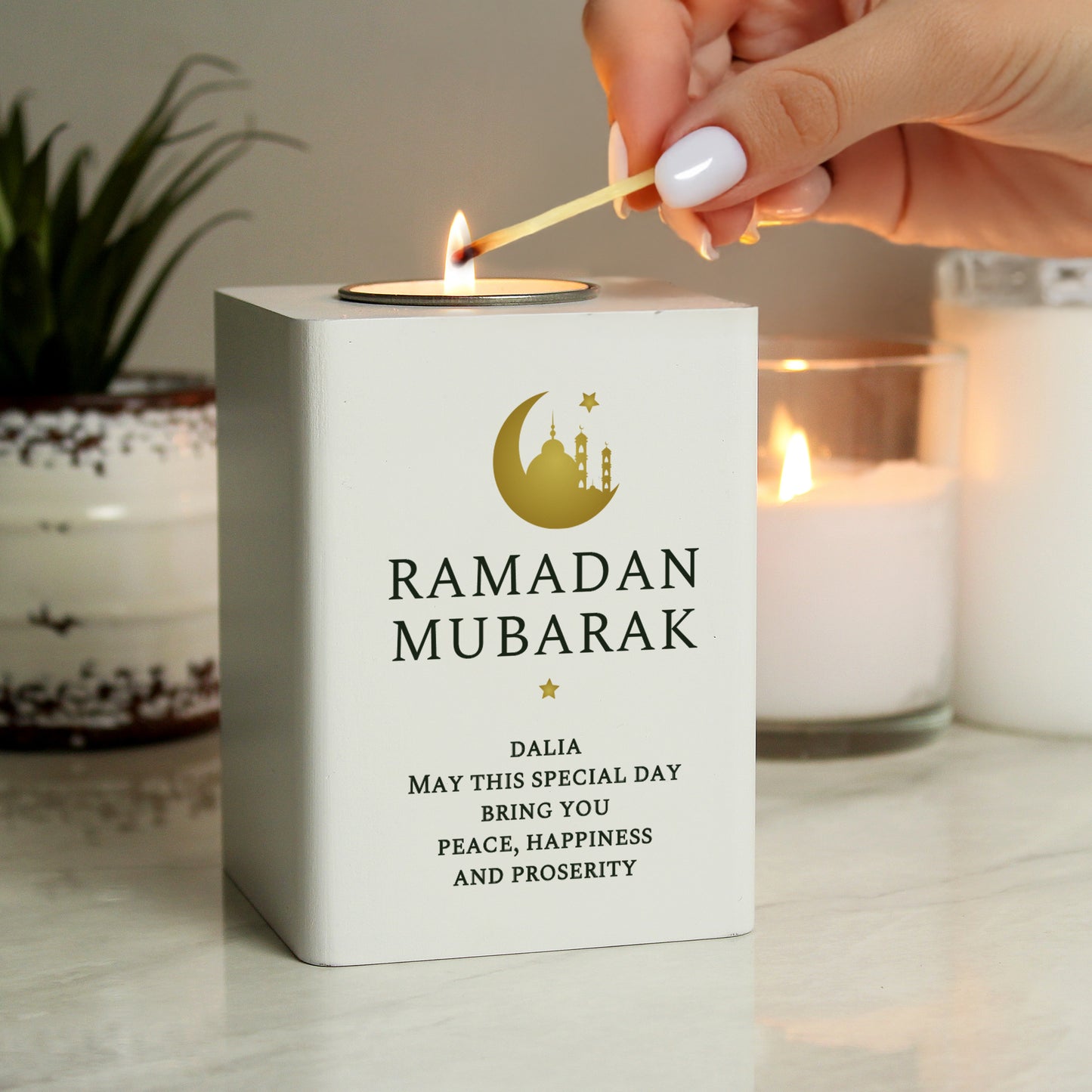 Personalised Eid and Ramadan White Wooden Tea light Holder - MK&JD Gifts