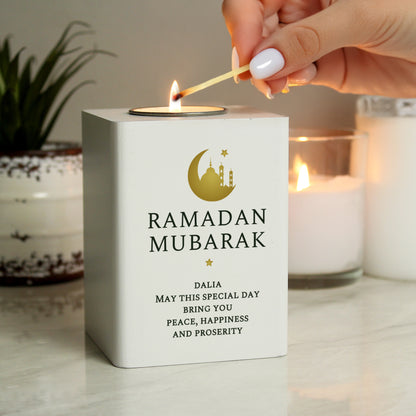 Personalised Eid and Ramadan White Wooden Tea light Holder - MK&JD Gifts