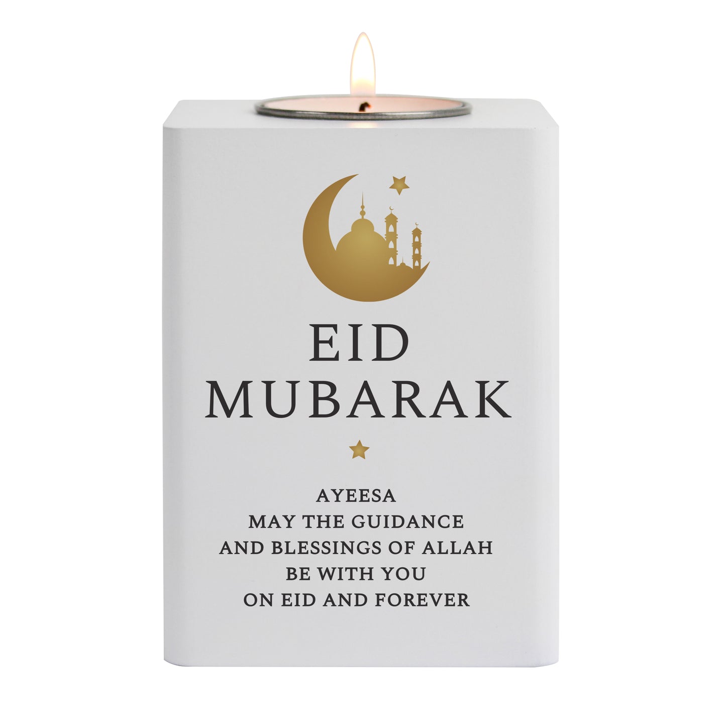 Personalised Eid and Ramadan White Wooden Tea light Holder - MK&JD Gifts