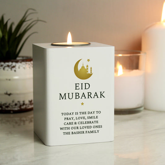 Personalised Eid and Ramadan White Wooden Tea light Holder - MK&JD Gifts