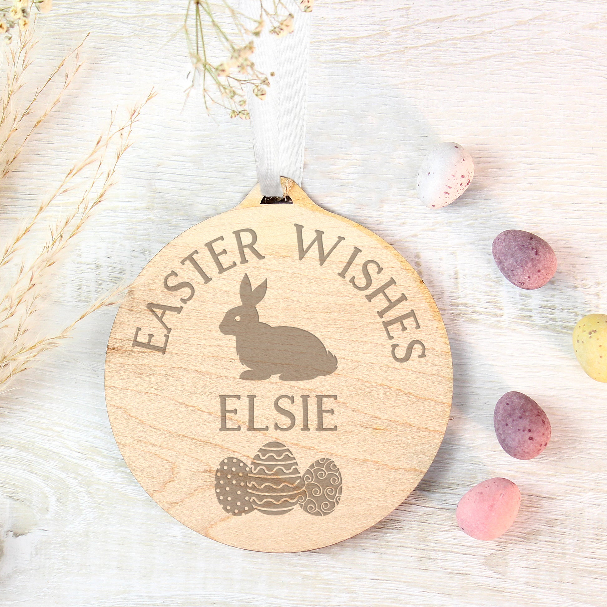 Personalised Easter Bunny Round Wooden Decoration - MK&JD Gifts