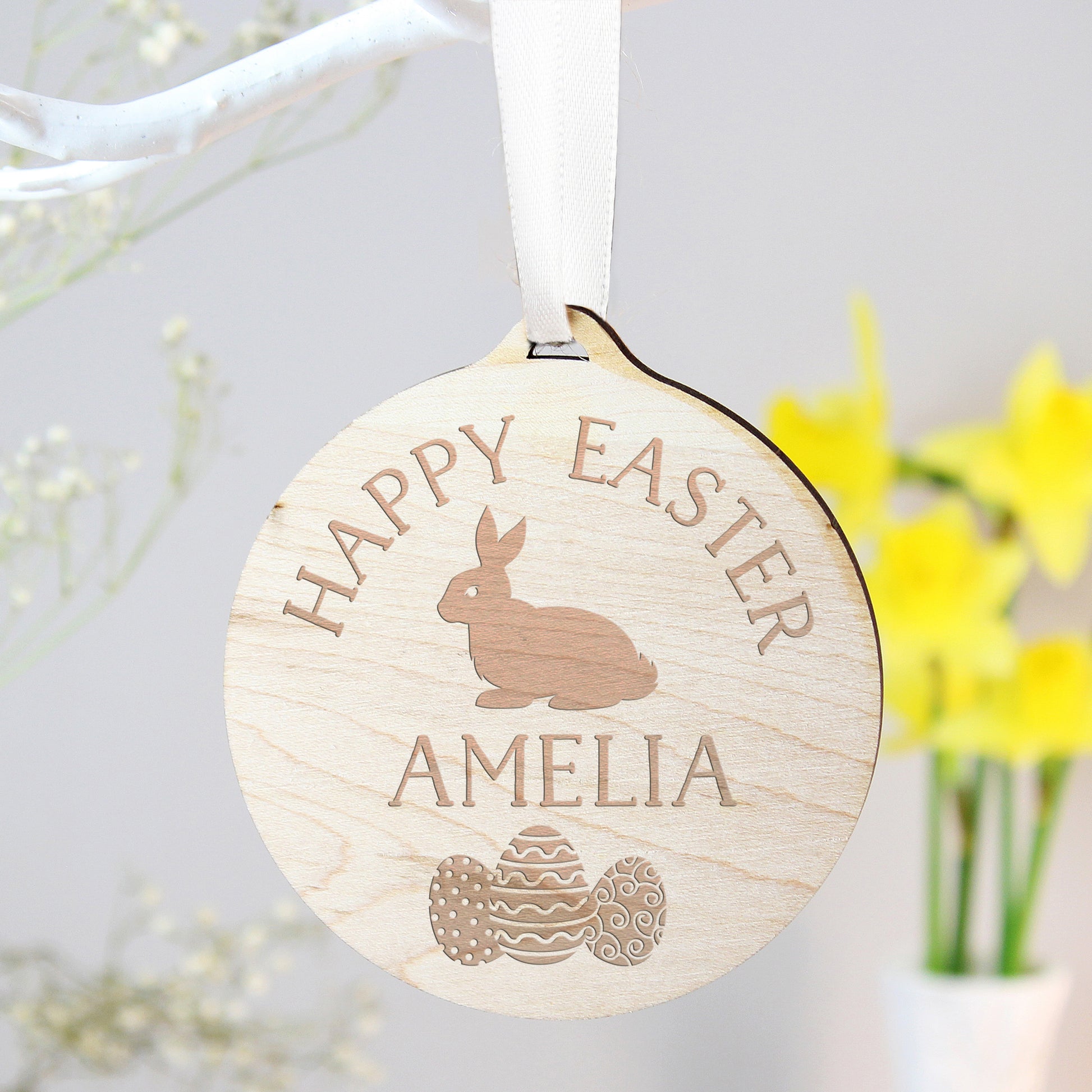 Personalised Easter Bunny Round Wooden Decoration - MK&JD Gifts