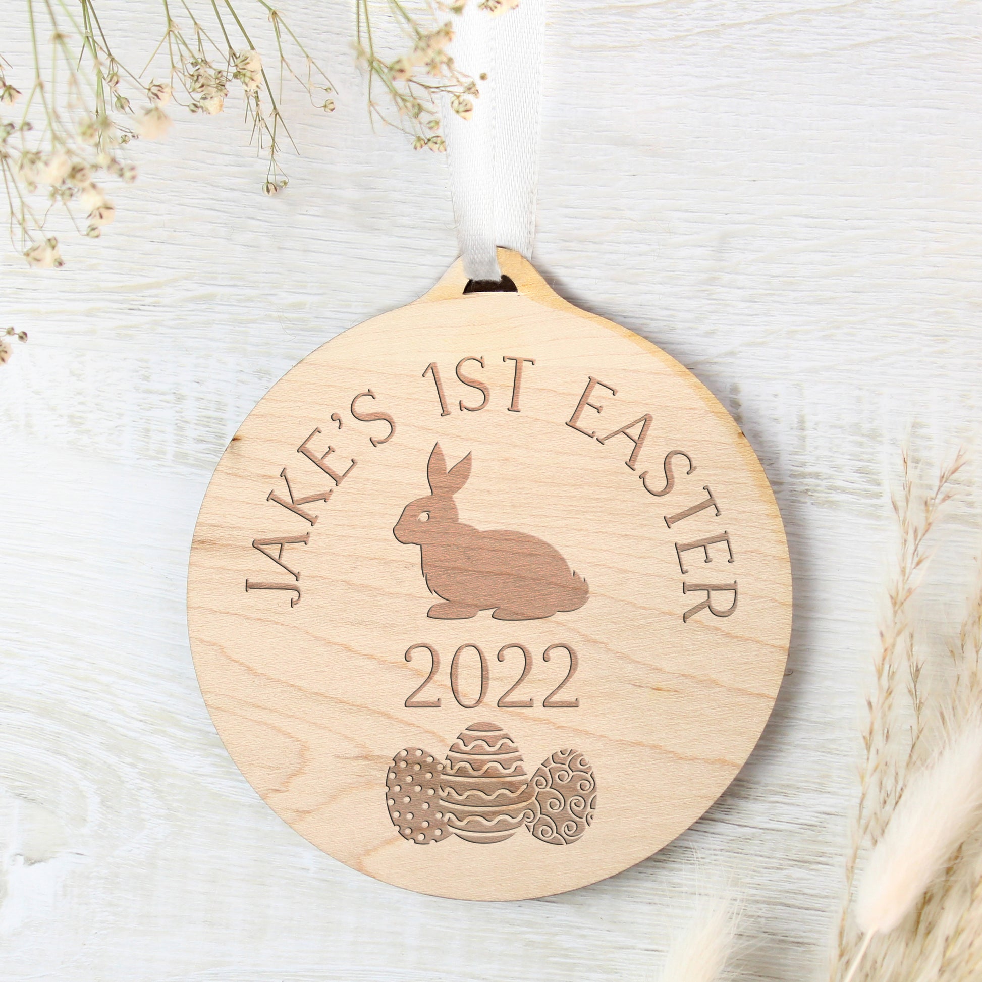 Personalised Easter Bunny Round Wooden Decoration - MK&JD Gifts