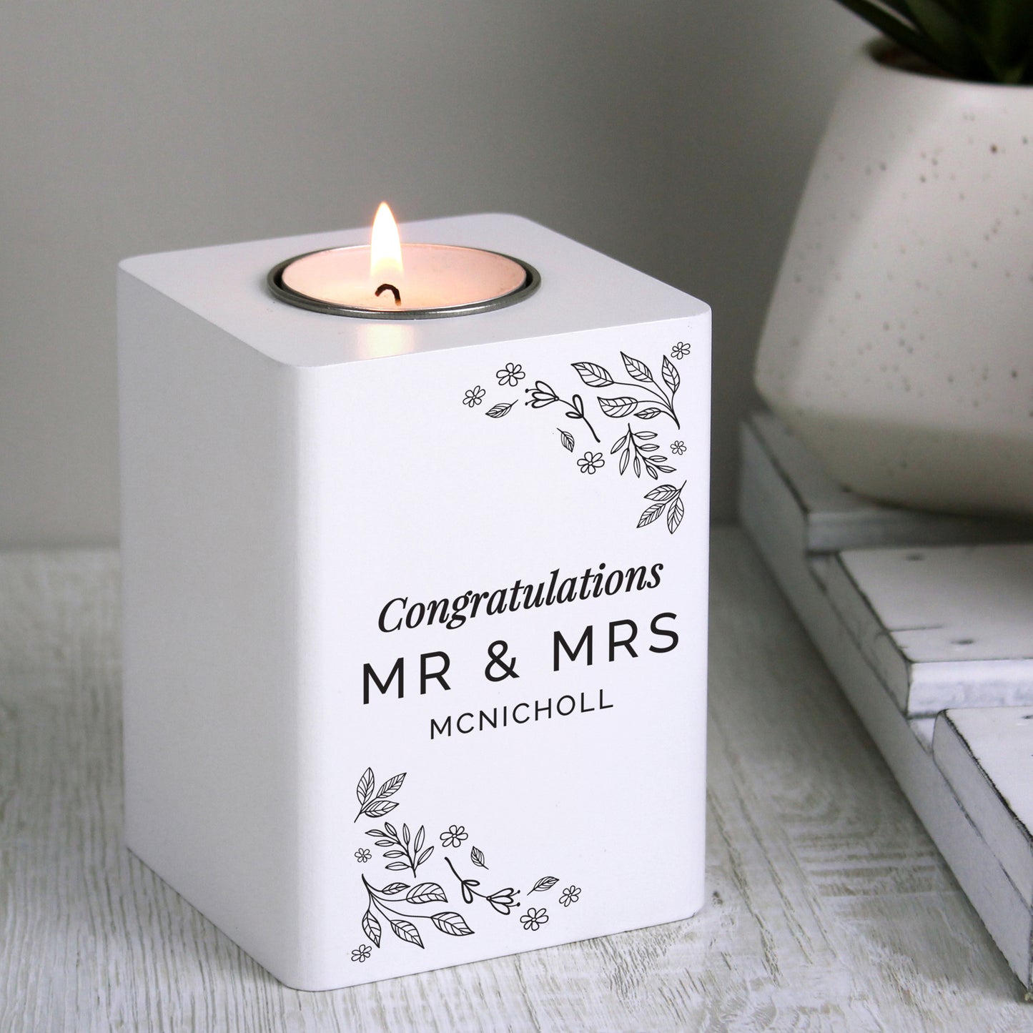Personalised Floral Leaf White Wooden Tea Light Holder - MK&JD Gifts