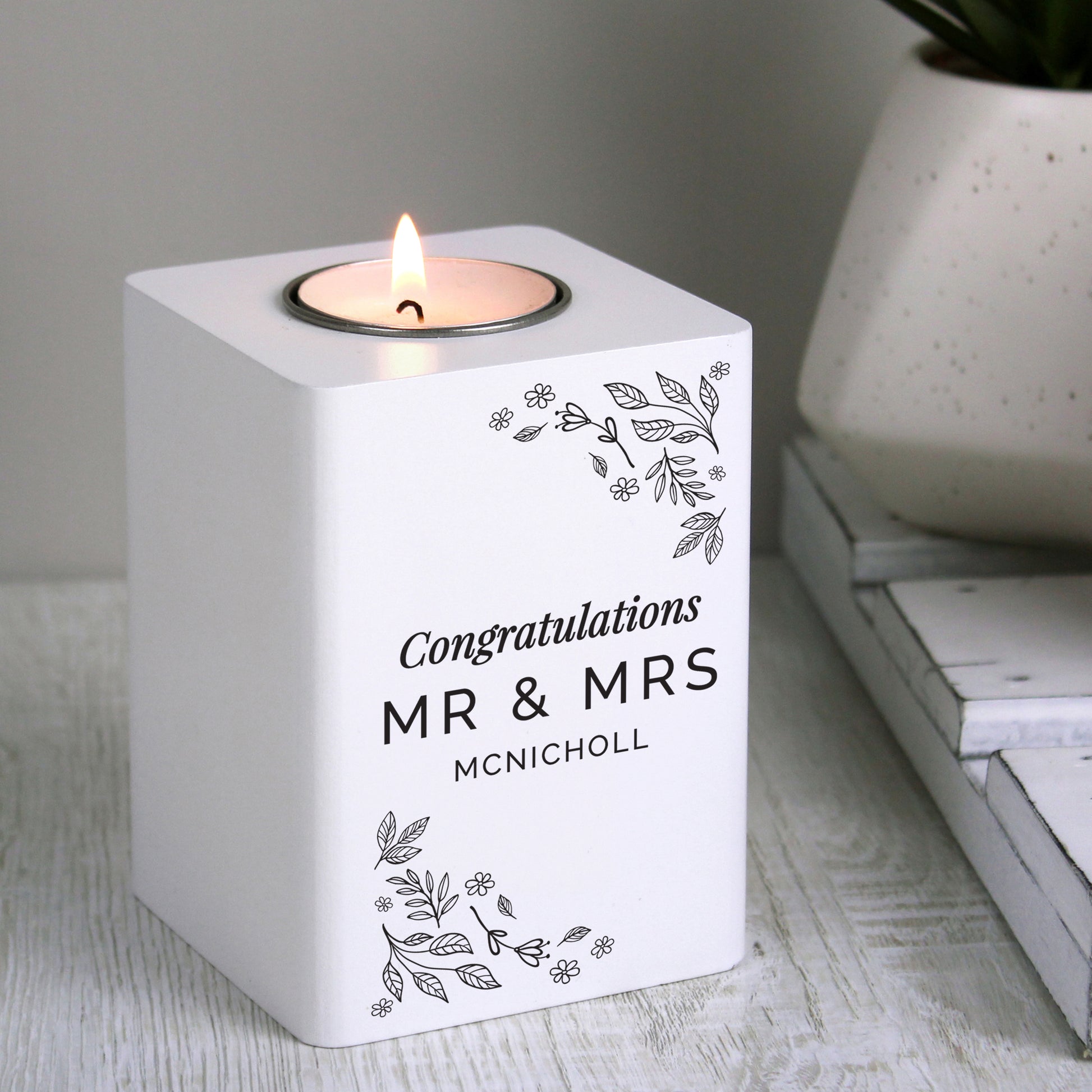 Personalised Floral Leaf White Wooden Tea Light Holder - MK&JD Gifts
