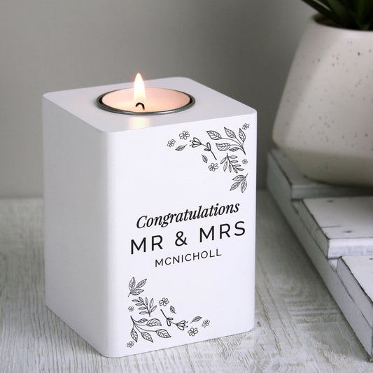 Personalised Floral Leaf White Wooden Tea Light Holder - MK&JD Gifts