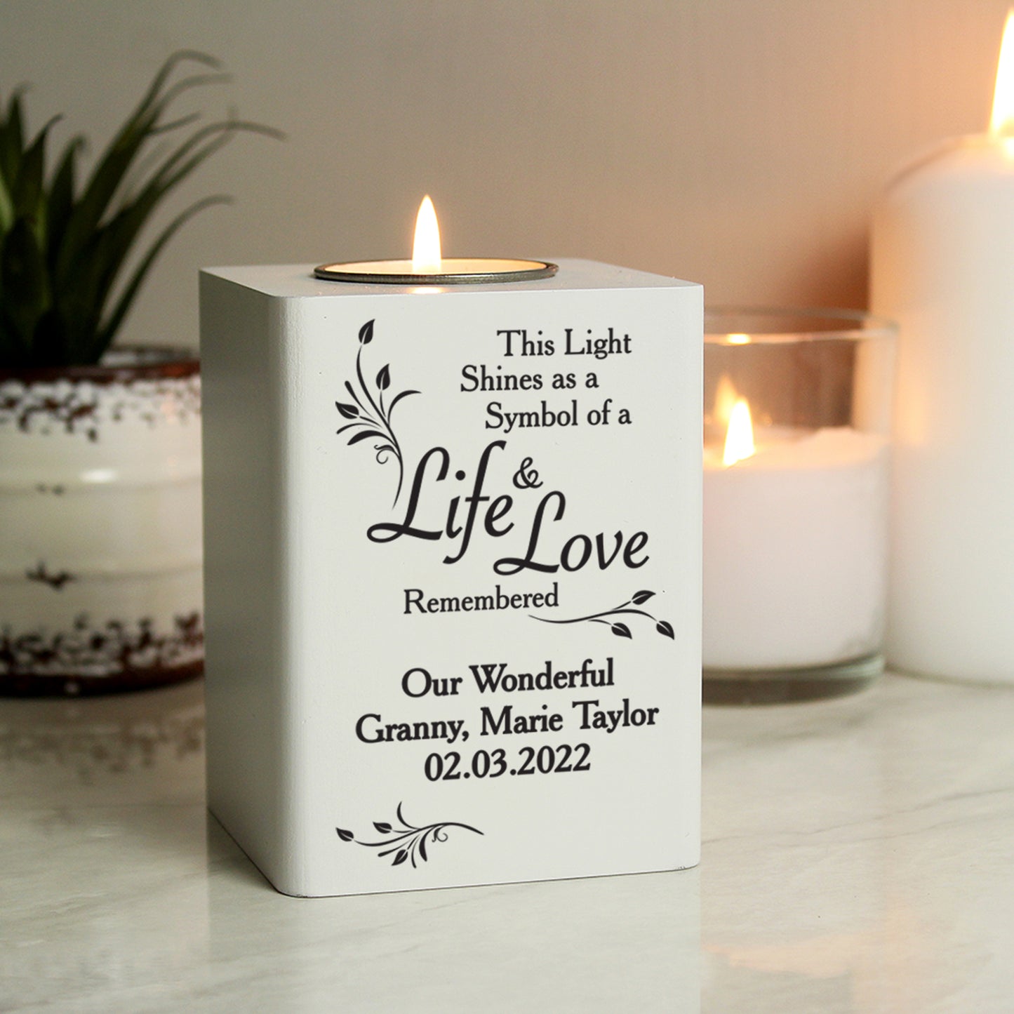 Personalised Life & Love White Wooden Tea Light Holder - MK&JD Gifts