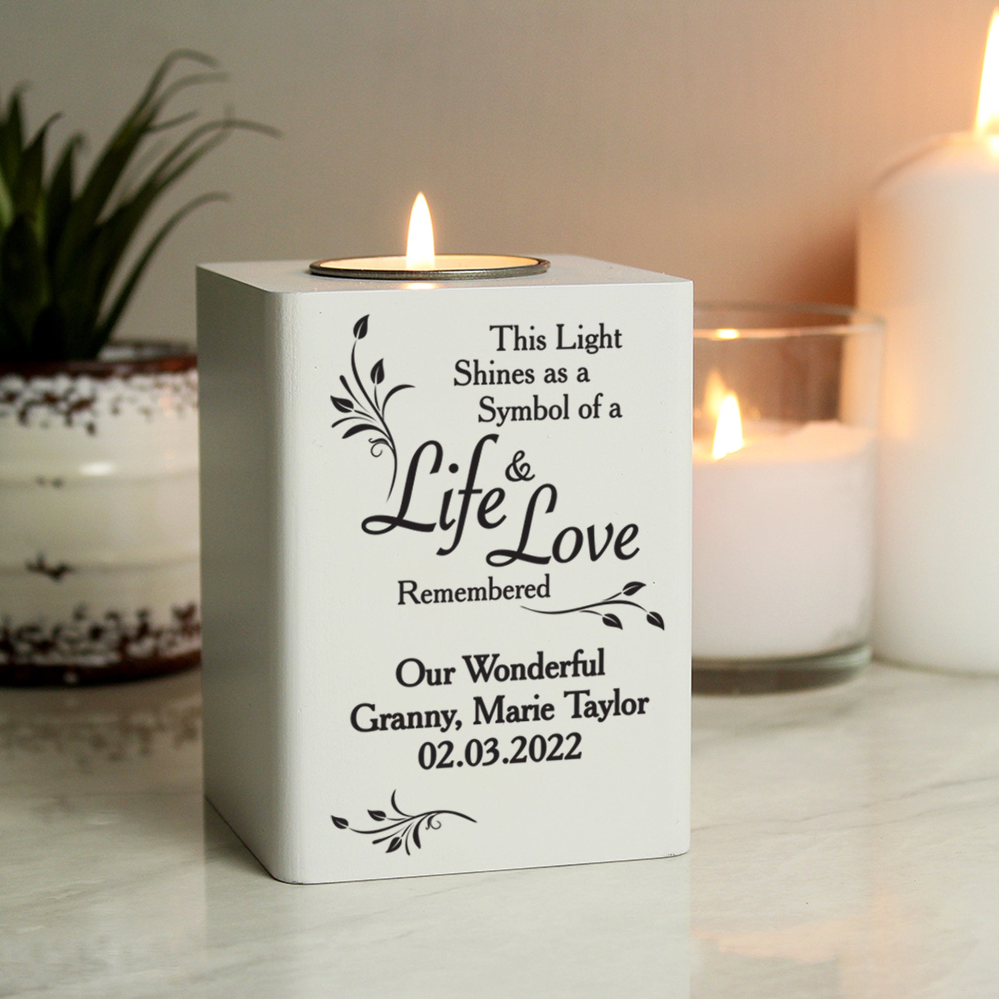 Personalised Life & Love White Wooden Tea Light Holder - MK&JD Gifts