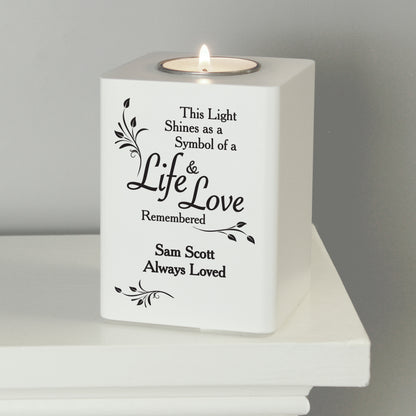 Personalised Life & Love White Wooden Tea Light Holder - MK&JD Gifts