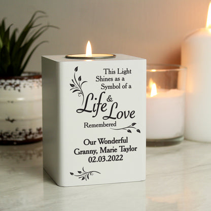 Personalised Life & Love White Wooden Tea Light Holder - MK&JD Gifts