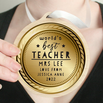 Personalised WorldÂ’s Best Teacher Round Wooden Medal - MK&JD Gifts
