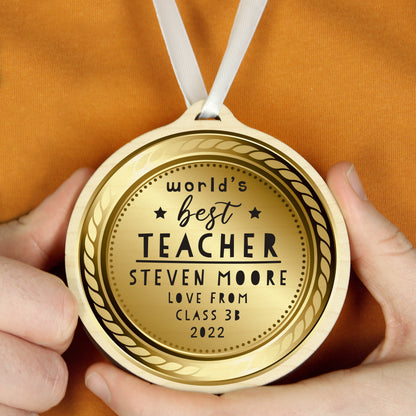 Personalised WorldÂ’s Best Teacher Round Wooden Medal - MK&JD Gifts