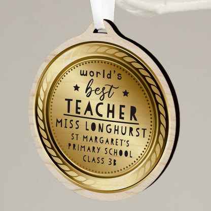 Personalised WorldÂ’s Best Teacher Round Wooden Medal - MK&JD Gifts