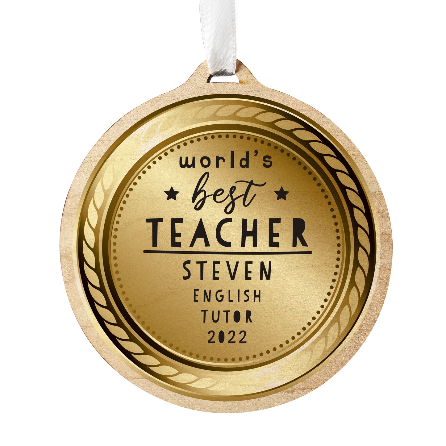 Personalised WorldÂ’s Best Teacher Round Wooden Medal - MK&JD Gifts
