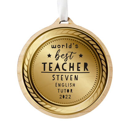 Personalised WorldÂ’s Best Teacher Round Wooden Medal - MK&JD Gifts