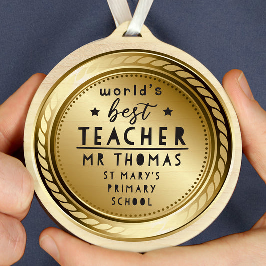 Personalised WorldÂ’s Best Teacher Round Wooden Medal - MK&JD Gifts