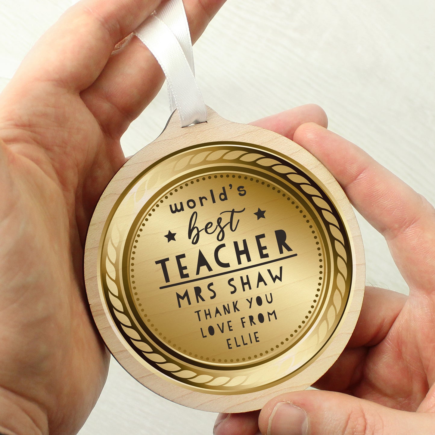 Personalised WorldÂ’s Best Teacher Round Wooden Medal - MK&JD Gifts